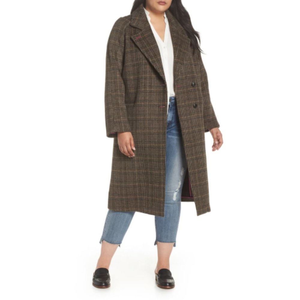 Avec Les Filles Plaid Wool Blend Long Coat